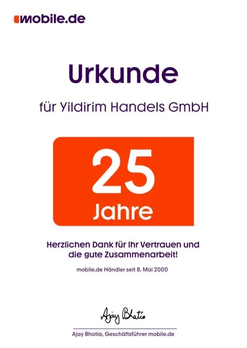 mobile.de Urkunde: 25 Jahre Händler seit Mai 2000 – Yildirim Handels GmbH