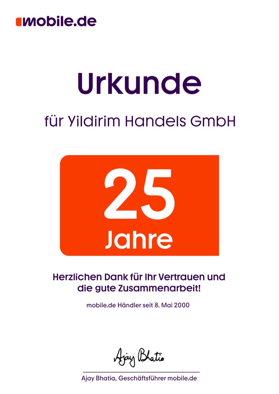 mobile.de Urkunde: 25 Jahre Händler seit Mai 2000 – Yildirim Handels GmbH